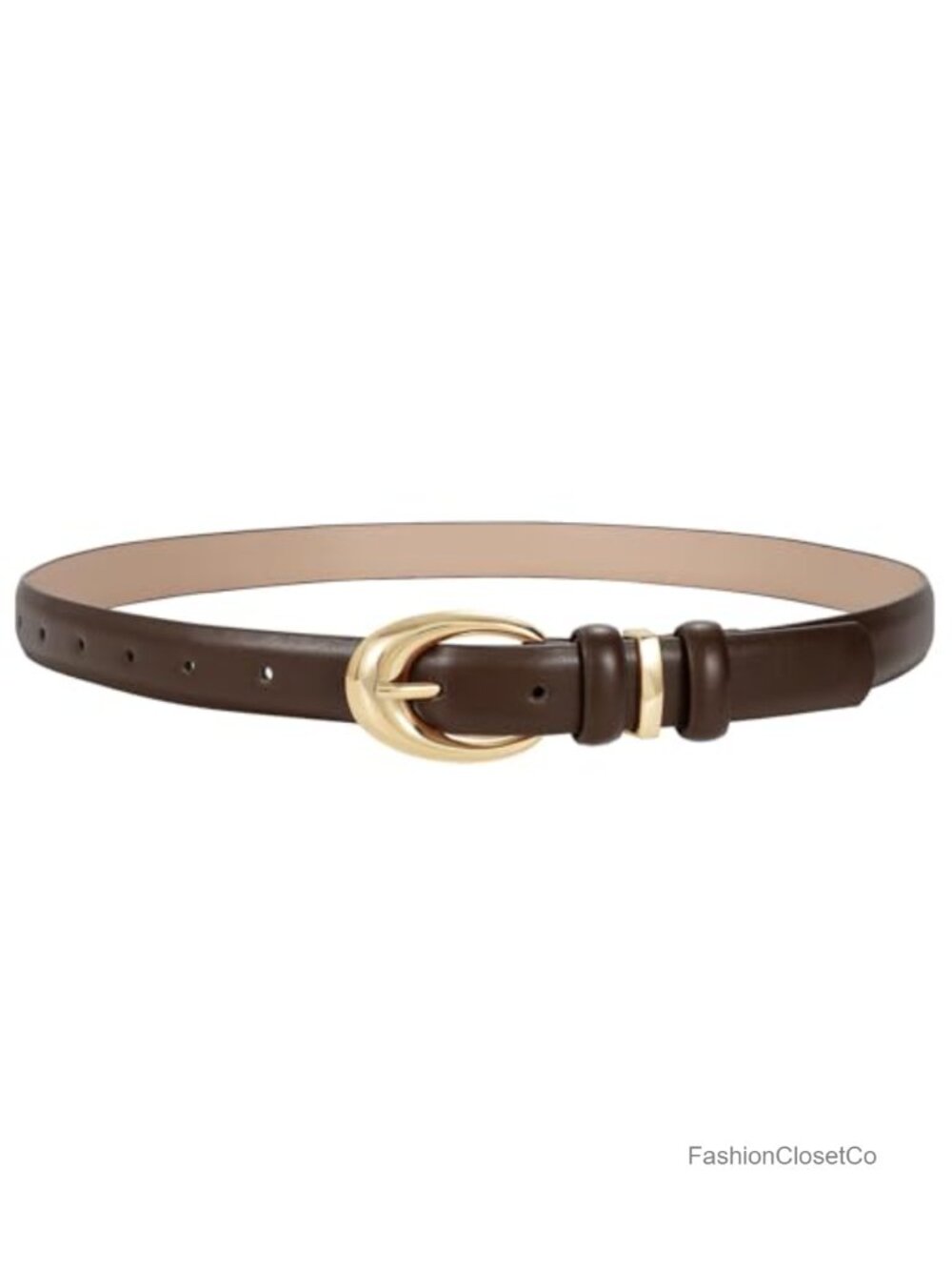 Women Faux Leather Skinny Belt Oval Gold Buckle Jeans Dress